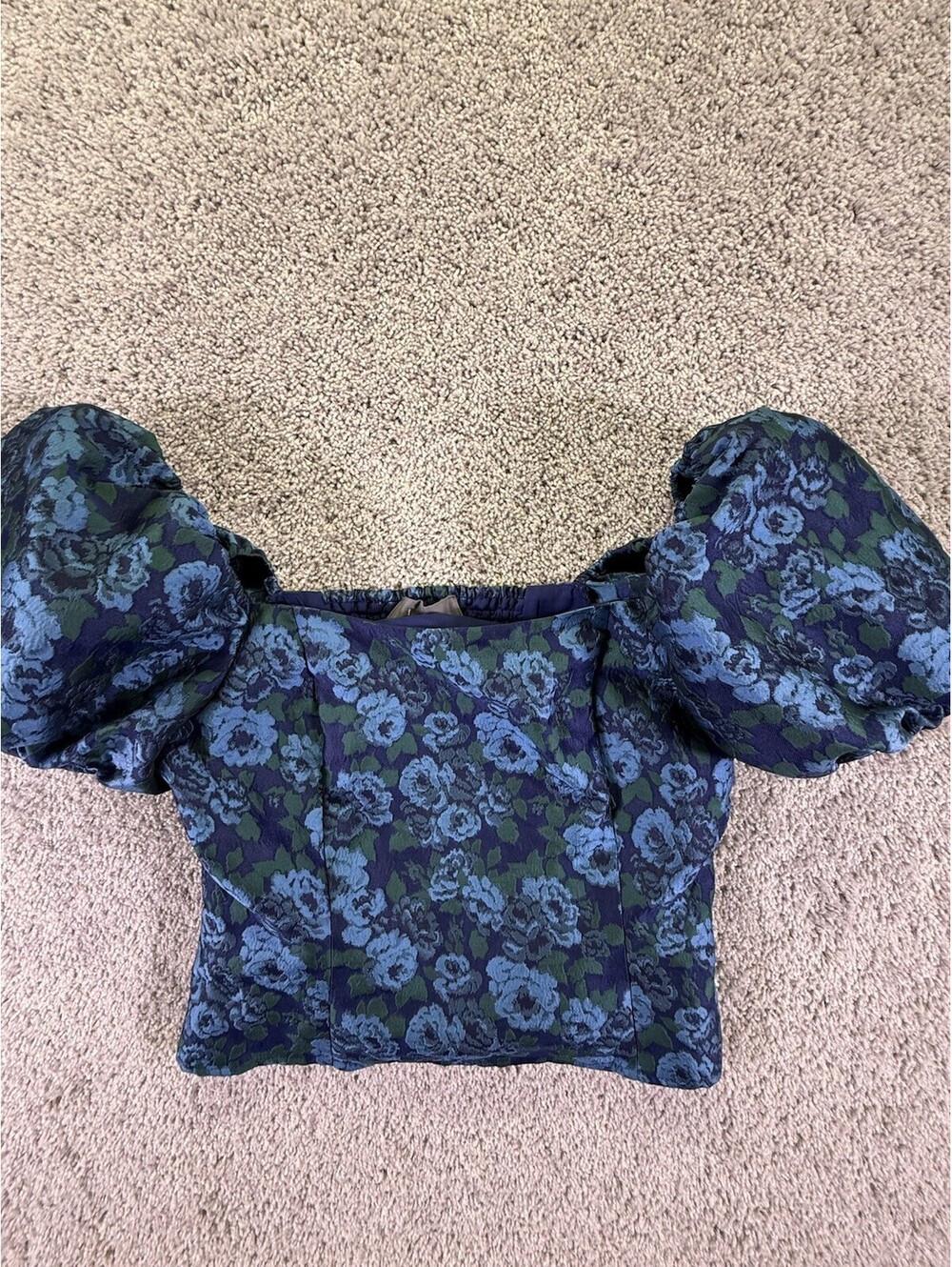 Anthropologie Top Teal Blue Floral Jacquard Puff Off Shoulder Sleeve Size 10